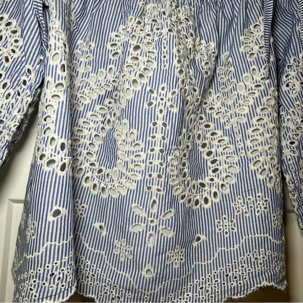 Women’s Express Blue and White Eyelet Off Shoulder Top Size Small 100% Cotton - Picture 3 of 11